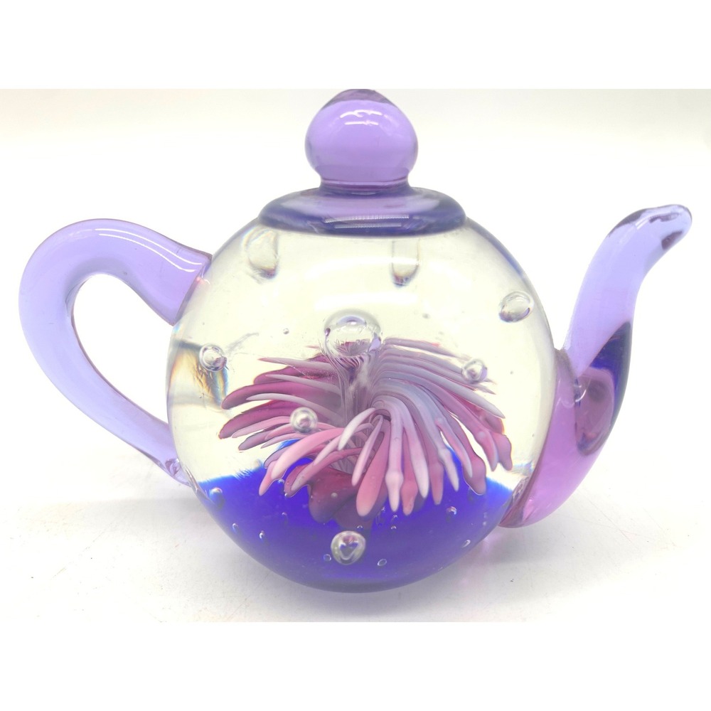 Vintage Dynasty Gallery Art Glass Teapot Paperweight Amethyst Purple Flower 90s